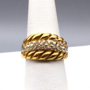 Vintage Men's Low Profile Statement Ring in Gold Tone with Clear Crystal Pave